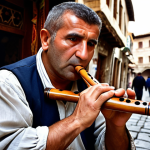 **

A traditional Macedonian musician playing the *kaval* (wooden flute) in the Old Bazaar of Skopje. Ancient stone buildings in the background, soft lighting, melancholic atmosphere. Focus on the musician's face and hands.

**