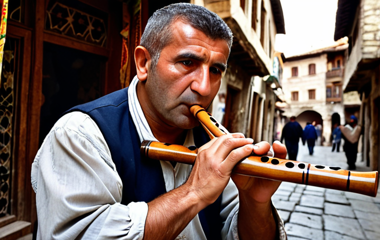 **
A traditional Macedonian musician playing the *kaval* (wooden flute) in the Old Bazaar of Skopje. Ancient stone buildings in the background, soft lighting, melancholic atmosphere. Focus on the musician's face and hands.
**