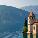 A breathtaking panoramic view capturing the essence of North Macedonia's natural and spiritual beauty. In the foreground, the impossibly clear, deep blue waters of Lake Ohrid reflect the sky, with the iconic St. John at Kaneo monastery perched dramatically on a cliff overlooking the lake. In the background, majestic, lush mountains rise, with the ghostly, solitary steeple of the submerged St. Nicholas church emerging from a misty lake in Mavrovo National Park. Golden hour light, serene, mystical, authentic hidden gem, wide shot, high detail, picturesque.