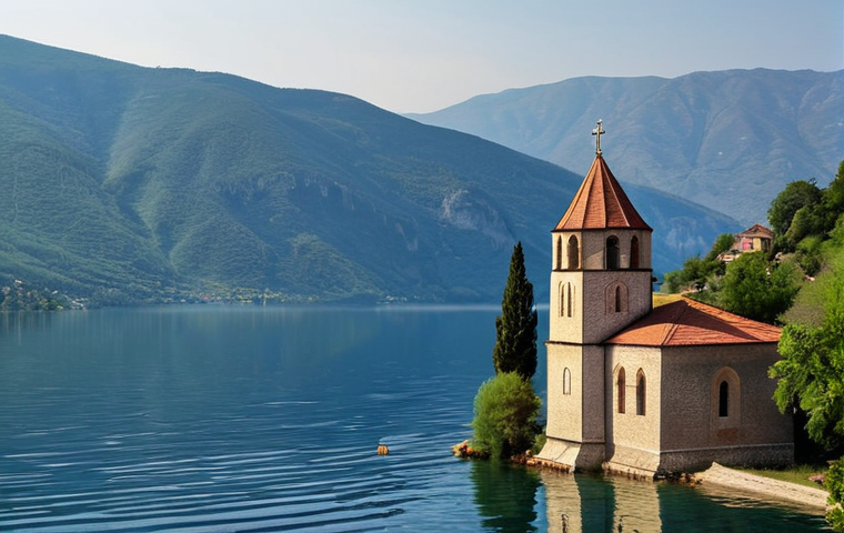 A breathtaking panoramic view capturing the essence of North Macedonia's natural and spiritual beauty. In the foreground, the impossibly clear, deep blue waters of Lake Ohrid reflect the sky, with the iconic St. John at Kaneo monastery perched dramatically on a cliff overlooking the lake. In the background, majestic, lush mountains rise, with the ghostly, solitary steeple of the submerged St. Nicholas church emerging from a misty lake in Mavrovo National Park. Golden hour light, serene, mystical, authentic hidden gem, wide shot, high detail, picturesque.