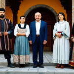 Home 6 A diverse group of adults, visibly representing North Macedonian and Bulgarian cultural heritage, standing together. They are dressed in professional, modest attire, subtly incorporating elements of traditional Balkan patterns. The background features a blend of architectural styles, suggesting shared historical roots, with ancient manuscripts subtly present in the foreground, symbolizing contested narratives. The lighting is soft and natural, emphasizing introspection. Perfect anatomy, correct proportions, natural pose, well-formed hands, proper finger count, natural body proportions. Fully clothed, appropriate content, safe for work, professional photography, high quality, family-friendly.