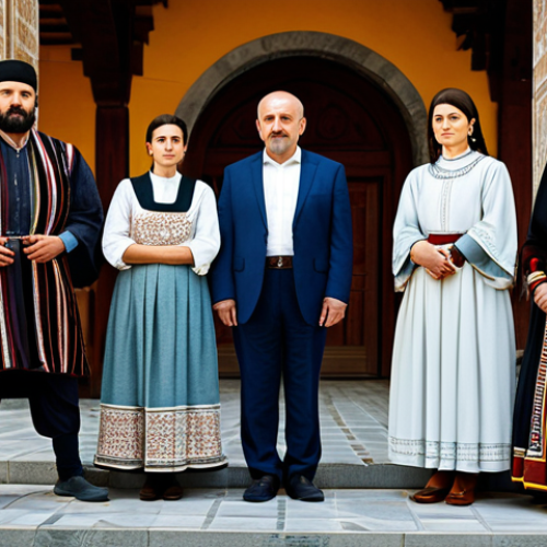 Home 16 A diverse group of adults, visibly representing North Macedonian and Bulgarian cultural heritage, standing together. They are dressed in professional, modest attire, subtly incorporating elements of traditional Balkan patterns. The background features a blend of architectural styles, suggesting shared historical roots, with ancient manuscripts subtly present in the foreground, symbolizing contested narratives. The lighting is soft and natural, emphasizing introspection. Perfect anatomy, correct proportions, natural pose, well-formed hands, proper finger count, natural body proportions. Fully clothed, appropriate content, safe for work, professional photography, high quality, family-friendly.