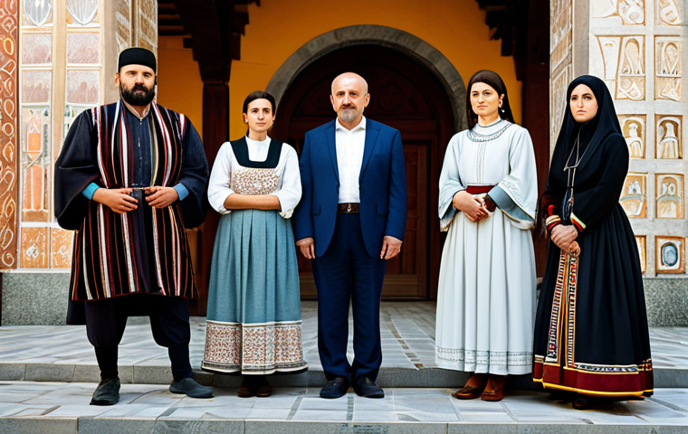 A diverse group of adults, visibly representing North Macedonian and Bulgarian cultural heritage, standing together. They are dressed in professional, modest attire, subtly incorporating elements of traditional Balkan patterns. The background features a blend of architectural styles, suggesting shared historical roots, with ancient manuscripts subtly present in the foreground, symbolizing contested narratives. The lighting is soft and natural, emphasizing introspection. Perfect anatomy, correct proportions, natural pose, well-formed hands, proper finger count, natural body proportions. Fully clothed, appropriate content, safe for work, professional photography, high quality, family-friendly.