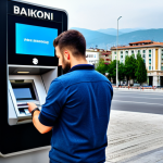 Home 5 북마케도니아에서 ATM 찾는 법 - "A tourist in Skopje, Macedonia, using a mobile banking app to locate a nearby ATM, cityscape in the...