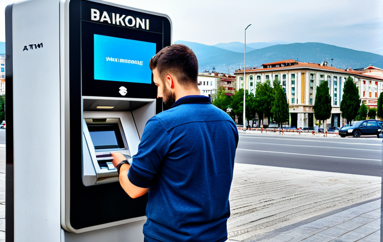 북마케도니아에서 ATM 찾는 법 - "A tourist in Skopje, Macedonia, using a mobile banking app to locate a nearby ATM, cityscape in the...