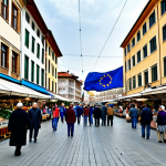 Home 9 북마케도니아와 유럽연합 관계 - Economic Opportunity**
"A bustling marketplace in Skopje, filled with vendors selling local produce...