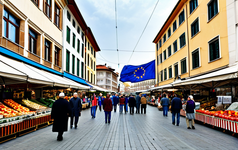 북마케도니아와 유럽연합 관계 - Economic Opportunity**

"A bustling marketplace in Skopje, filled with vendors selling local produce...