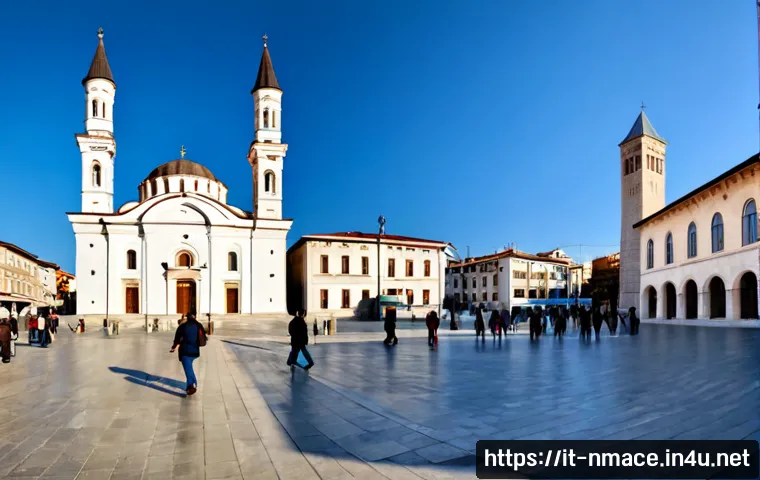 북마케도니아의 종교 분포 - Photorealistic wide-angle view of North Macedonia’s religious diversity: an elegant Orthodox church ...